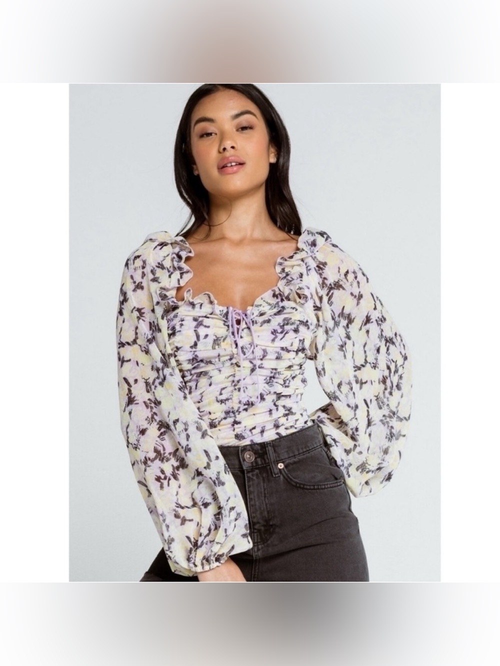 Free People Mabel Floral Printed Blouse | Ruched Chiffon Crop Boho Lilac | Small